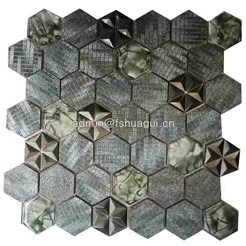 新设计闪耀六边形玻璃石材金属马赛克瓷砖