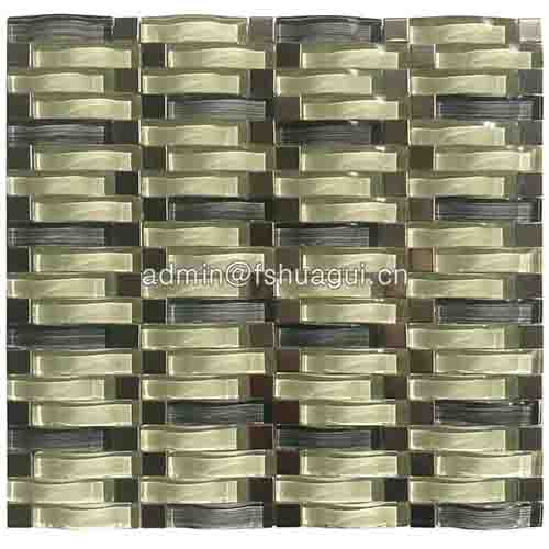 Silver stainless steel with cream mix green wave glass mosaic wall tile