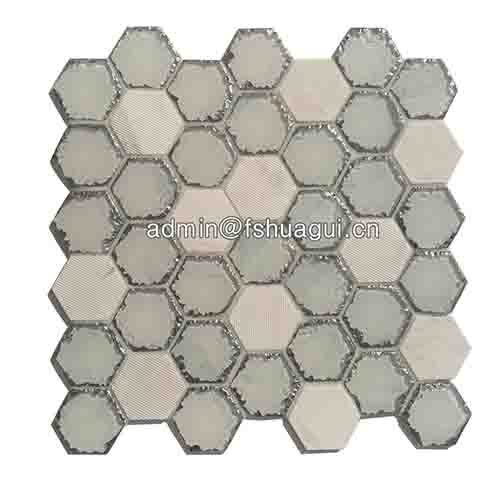 Carrara white stone blend glass hexagon mosaic tiles splashback