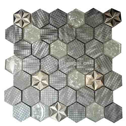 New Design Hexagon Art pattern Stainless Steel Mosaic Tile mixed frost Glass Mosaic Tile Factory Supply 