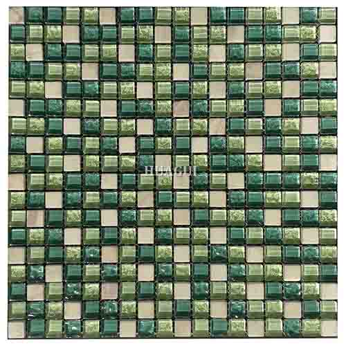 Small square green crystal glass mosaic with stone tile backsplash for sale