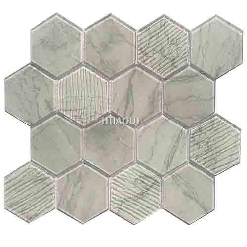 3 inch*3inch glass hexagon mosaic in cream and grey beveled pattern