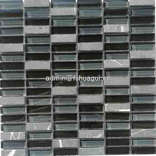 Brick hot selling glossy & matte grey stone mixed black glass mosaic backsplash idea