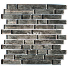 Linear Random Sized Glass Mosaic Tile in Glossy Wood Grain Gray Strip