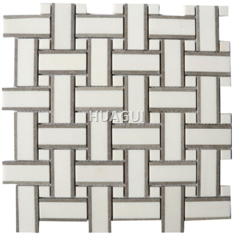 Linear Random Size Marble Mosaic Tile in White/Dark Grey Basket Weaving Design