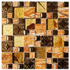 Composite Peel & Stick Glass Mosaic Tile Yellow Color Mixed Stainless Steel Diamond Cube 